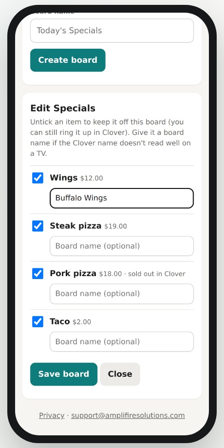 Editing a Specials board on a phone: each Clover item has a checkbox to keep it on the board and an optional board name.