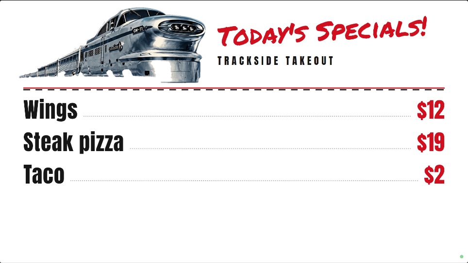 Trackside Takeout's Today's Specials board on a TV, listing specials and prices from their Clover items.